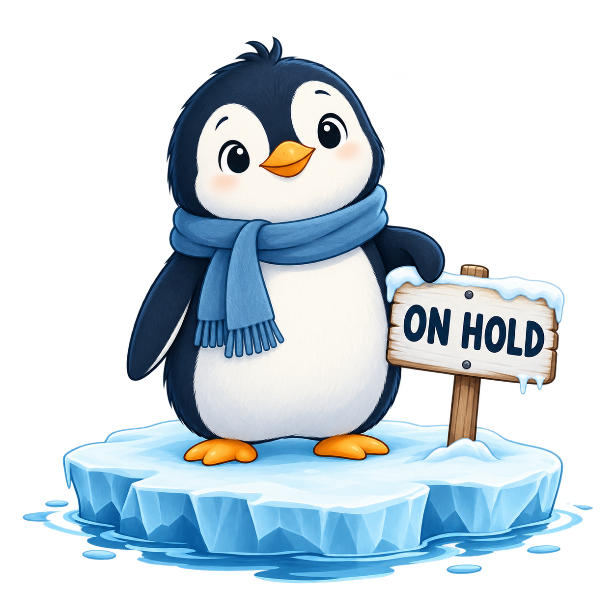 A friendly penguin waiting on an ice floe beside an ON HOLD sign.